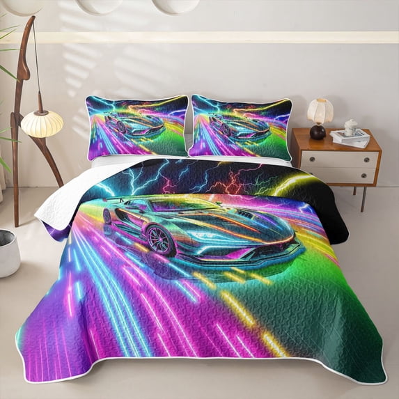 Erosebridal Abstract Fast Car Twin Quilt Set for Boys,Colorful Lightning Neon Lights Twin Coverlet Set for Teens