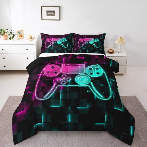 Erosebridal Abstract Gamepads Bedding Twin Comforter Set,Gradient Ombre Down Comforter,Geometric Plaid Bedding Sets Twin with Comforter,Breathable Video Game Bedroom Decoration,Reversible,3pcs
