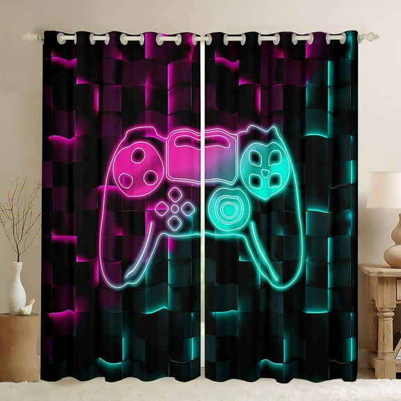Erosebridal Abstract Gamepads Curtains Pack of 2 (42Wx63L),Gradient Ombre Black Out Curtains,Geometric Plaid Curtains for Living Room,Video Game Bedroom Decoration