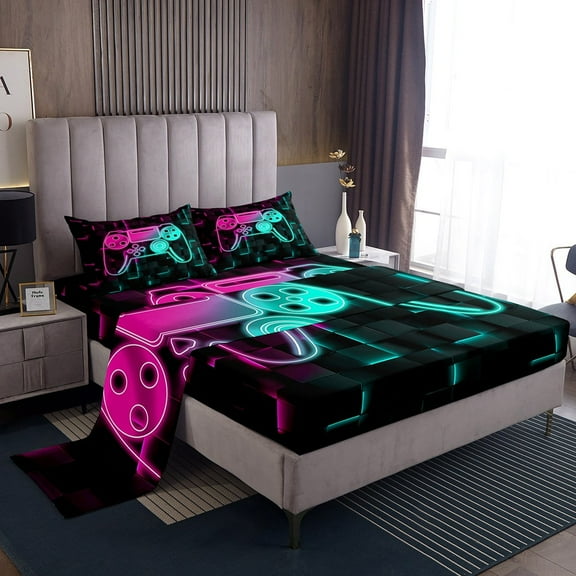 Erosebridal Abstract Gamepads Sheet Set Twin,Gradient Ombre Bedding Sets Twin Size,Geometric Plaid Twin Sheet Sets,Breathable Video Game Bedroom Decoration,3pcs