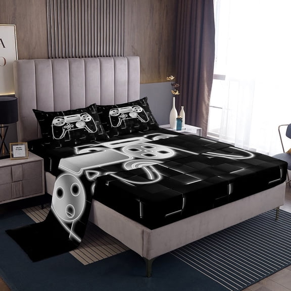 Erosebridal Abstract Gamepads Sheet Set Twin,Gradient Ombre Bedding Sets Twin Size,Geometric Plaid Twin Sheet Sets,Breathable Video Game Bedroom Decoration,3pcs