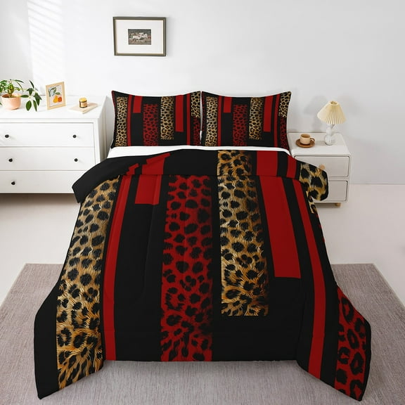 Erosebridal Abstract Geometric Bedding King Comforter Set,Leopard Print Comforter Sets King Size,Red Stripes Duvet Insert,Lightweight Animal Bedroom Decorative,Reversible,3pcs
