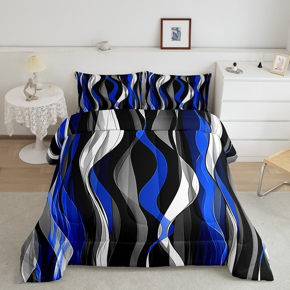 Erosebridal Abstract Geometric Geometry Bedding Full Comforter Set,Retro Swirl Desgin Down Comforter,Black Blue White Bedding Sets,Microfiber Bedroom Decoration Reversible,3 Pieces