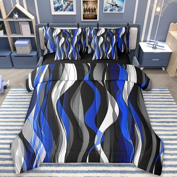 Erosebridal Abstract Geometric Geometry Bedding Twin Size,Retro Swirl Desgin Comforter Sets with Sheets,Black Blue White Bedding Sets Twin Size,Microfiber Bedroom Decoration Reversible,7pcs