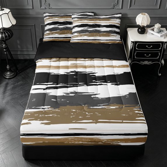 Erosebridal Abstract Geometric Lines Zipper Full Size Comforter Sets with Fitted Sheet and 2 Pillowcases,Black Gold Brush Striped Zipper Bedding Set For Girls,Black Reversible,4pcs