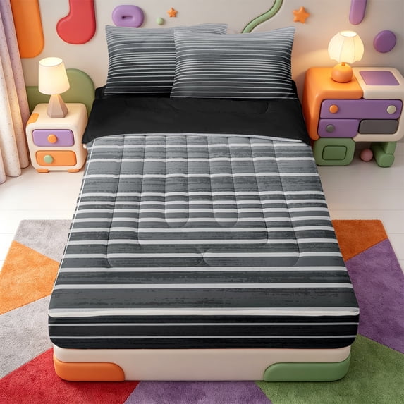 Erosebridal Abstract Geometric Lines Zipper Twin Comforter Sets with Fitted Sheet and 2 Pillowcases,Mid-Century Stripes Zipper Bedding Set,Black Reversible,4 Pieces