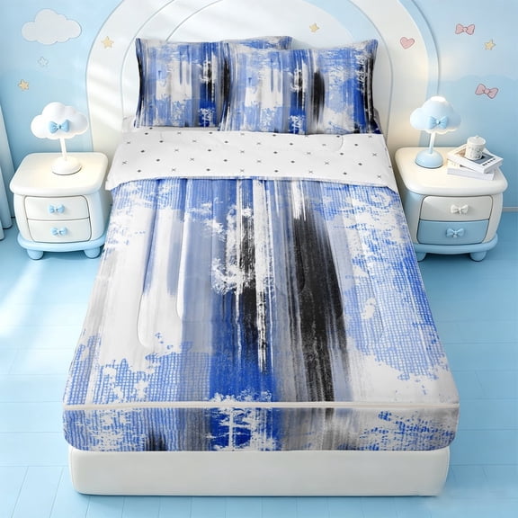 Erosebridal Abstract Geometric Stripe Zipper Twin Comforter Sets with Fitted Sheet and 2 Pillowcases,Blue Brush Graffiti Zipper Bedding Set For Girls,Reversible,4-Piece