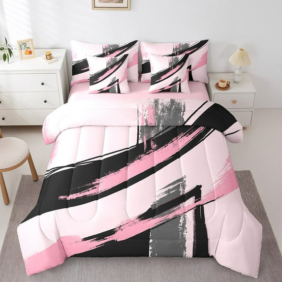 Erosebridal Abstract Geometric Stripes Bedding Sets Twin Size,Oil Painting Style Comforter Sets with Sheets,Pink Black Bed in a Bag Twin Size,Breathable Room Decor Reversible,7-Piece