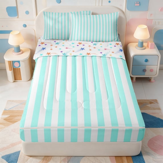 Erosebridal Abstract Geometric Stripes Zipper Full Size Comforter Sets with Fitted Sheet and 2 Pillowcases,Minimalist Lines Zipper Bedding Set,Colorful Stars Reversible,4 Pieces