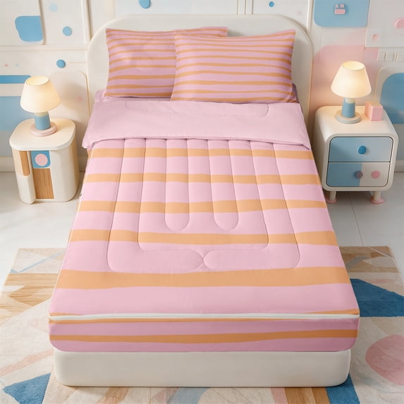 Erosebridal Abstract Geometric Stripes Zipper Queen Comforter Set with Fitted Sheet and 2 Pillowcases,Modern Striped Zipper Bedding Set,Pink Reversible,4 Pieces