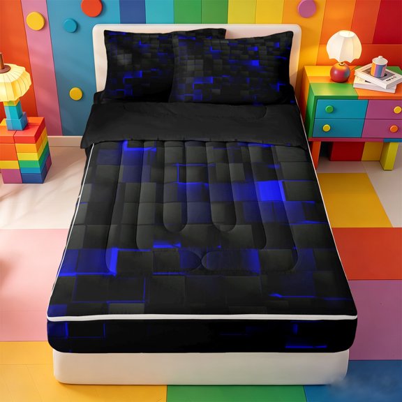 Erosebridal Abstract Geometric Zipper Twin Comforter Sets with Fitted Sheet and 2 Pillowcases,Neon 3D Checkered Print Zipper Bedding Set For Boys,Black Reversible,4 Pieces