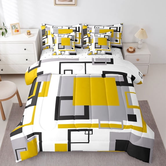 Erosebridal Abstract Geometry 7 Piece Bed In A Bag Geometric Square Striped Bedding Set Black White Yellow Grey Comforter Set Adults,Modern Simple Bedding Comforter Set Full Size
