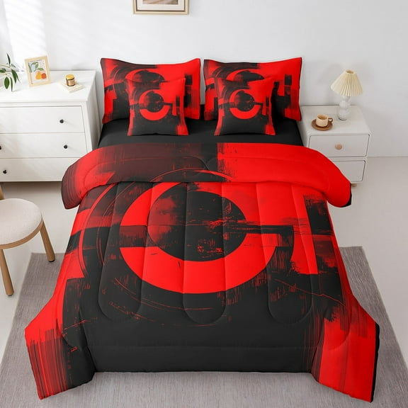 Erosebridal Abstract Geometry Bedding Sets Full Size, Black Red Comforter Sets with Sheets, Modern Minimalism Decor, Reversible