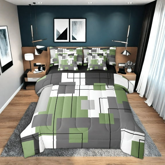 Erosebridal Abstract Geometry Comforter Set 7 Piece King Black Grey Green Bed In A Bag Geometric Square Bedding Set Adults Abstract Grid Striped Bed Set Soft Lightweight For All Season