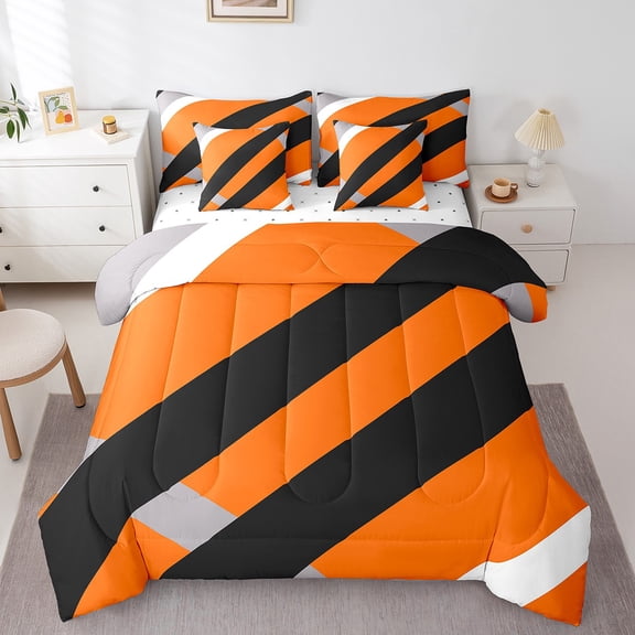 Erosebridal Abstract Geometry Lines Bedding Sets Twin Size,Orange Aesthetic Art Comforter Sets with Sheets,Geometric Pattern Bed in a Bag Twin Size,Microfiber Room Decoration Reversible,7-Piece