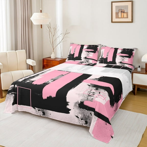 Erosebridal Abstract Graffiti Stripes Twin Sheet Sets,Modern Splashing Ink Bedding Twin Size,Pink White Bed Sheets Set Twin Size,Microfiber Bedroom Decoration,3pcs