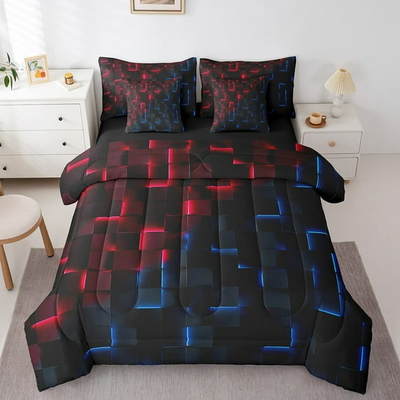 Erosebridal Abstract Grid Bedding Sets Twin Size,Red Blue Comforter Sets with Sheets,Geometric Buffalo Bed in a Bag Twin size,Lightweight Futuristic Cubes Room Decor,Reversible,7pcs