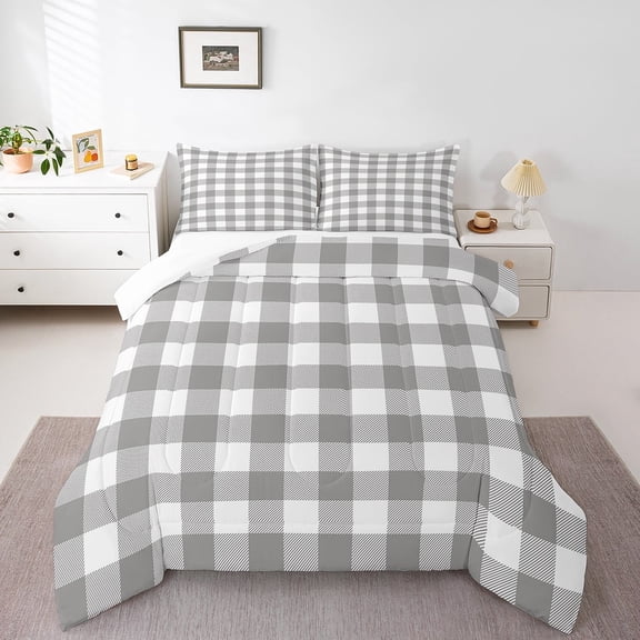 Erosebridal Abstract Grid Bedding Twin Comforter Set,Geometric Buffalo Down Comforter,Grey White Bedding Sets Twin with Comforter,Ultra Soft Plaid Bedroom Decorative,3pcs