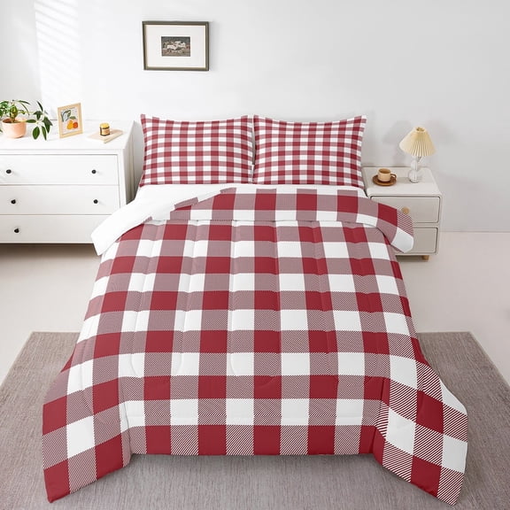 Erosebridal Abstract Grid Bedding Twin Comforter Set,Geometric Buffalo Down Comforter,Red White Bedding Sets Twin with Comforter,Ultra Soft Plaid Bedroom Decorative,3pcs