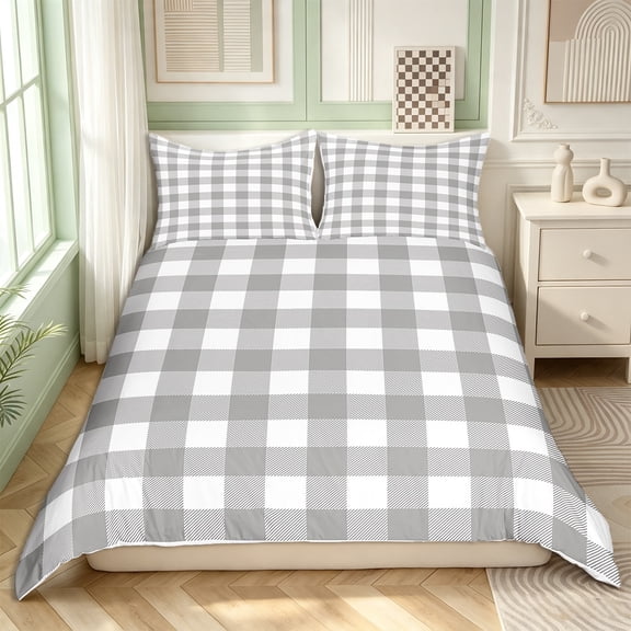 Erosebridal Abstract Grid Comforter Cover Twin,Geometric Buffalo Bedding Twin Size,Grey White Duvet Cover Twin,Ultra Soft Plaid Bedroom Decorative(No Comforter),3pcs