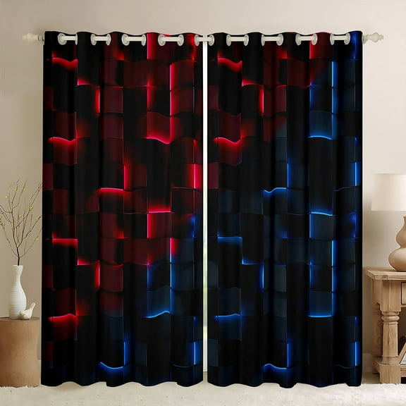 Erosebridal Abstract Grid Curtains for Living Room,Red Blue Blackout Curtains Set of 2 (38x45),Geometric Buffalo Curtains and Drapes (38x45),Futuristic Cubes Room Decor