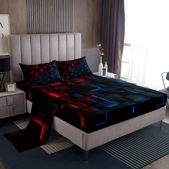Erosebridal Abstract Grid Sheet Set Twin,Red Blue Bedding Sets Twin Size,Geometric Buffalo Twin Sheet Sets,Lightweight Futuristic Cubes Room Decor,3pcs