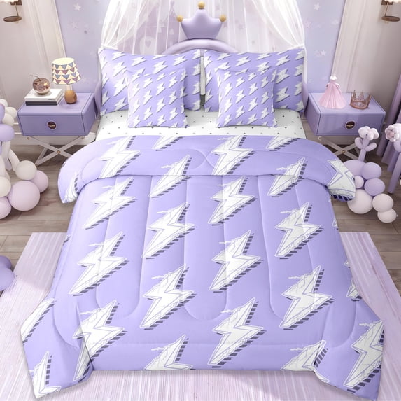 Erosebridal Abstract Lightning Pattern 7pcs Bedding Comforter Set,Purple And White Queen Bedding Sets For Girls Boys,Reversible