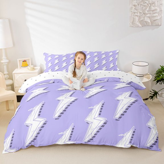 Erosebridal Abstract Lightning Pattern Queen Duvet Cover Set,Purple And White Bedding For Girls Boys 3pcs,No Comforter,Reversible