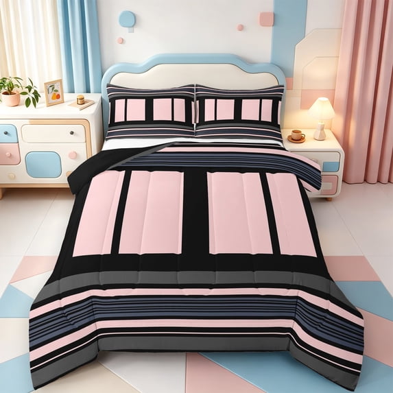 Erosebridal Abstract Line Art Full Size Comforter Sets,Minimalist Lines Bedding Comforter Set,Black Reversible,3pcs,1 Comforter and 2 Pillowcases