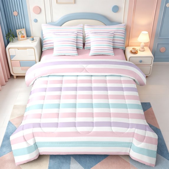 Erosebridal Abstract Linear Art 7-Piece King Bedding,Watercolor Stripes King Bed in a Bag,Pink Reversible
