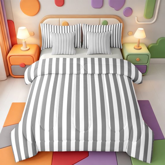 Erosebridal Abstract Linear Art 7-Piece Twin Bedding,Mid-Century Striped Bedding Comforter Set,Light Gray Reversible