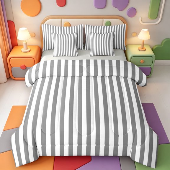 Erosebridal Abstract Linear Art 7-Piece Twin Bedding,Mid-Century Striped Bedding Comforter Set,Light Gray Reversible