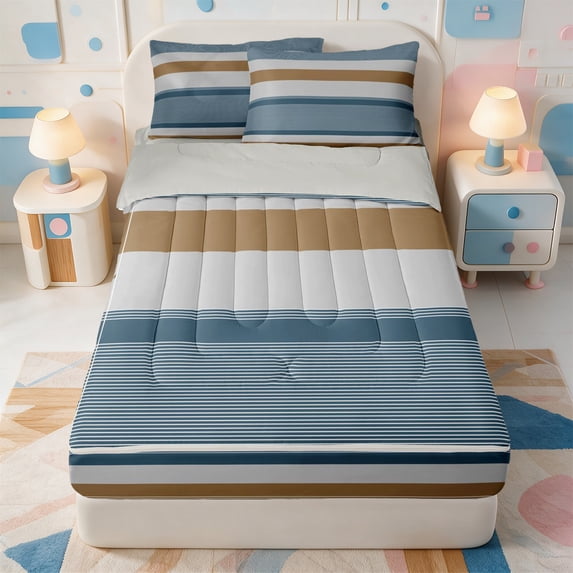 Erosebridal Abstract Lines Print Zipper Full Size Comforter Sets with Fitted Sheet and 2 Pillowcases,Minimalist Stripes Zipper Bedding Set,Light Gray Reversible,4pcs