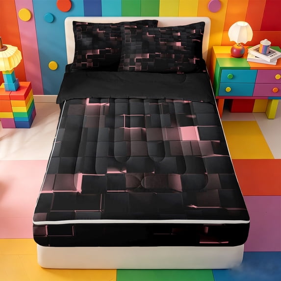 Erosebridal Abstract Metallic Zipper Full Size Comforter Sets with Fitted Sheet and 2 Pillowcases,D Modern Geometric Checkered Zipper Bedding Set For Boys,Black Reversible,4pcs