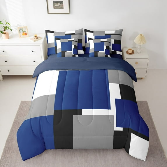 Erosebridal Abstract Ombre Bed in a Bag Twin size, Minimalism Bed Set, Navy Blue, Reversible 7-Piece