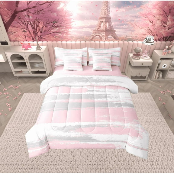 Erosebridal Abstract Ombre Bedding Sets Twin Size,Oil Painting Comforter Sets with Sheets,Pink Grey Bed in a Bag Twin size,Super Cozy Gradient Bedroom Decoration,Reversible,7-Piece