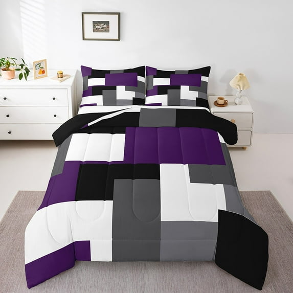 Erosebridal Abstract Plaid Bedding King Comforter Set,Sqare Rectangle Comforter Sets King Size,Geometric Grid Duvet Insert,Microfiber Geometry Room Decorative,Reversible,3pcs