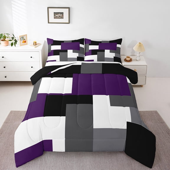 Erosebridal Abstract Plaid Comforter Sets Queen Size,Sqare Rectangle Bedding Queen Comforter Set,Geometric Grid Bedding Sets Queen with Comforter,Geometry Room Decorative,Reversible,3 Pieces