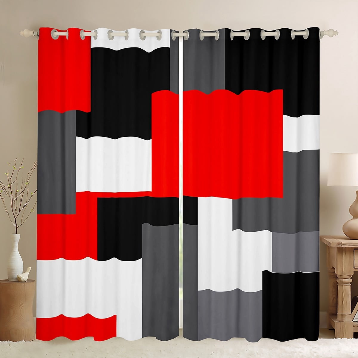 Erosebridal Abstract Plaid Curtains Pack of 2 (42Wx63L),Sqare Rectangle Black Out Curtains,Geometric Grid Curtains for Living Room,Geometry Room Decorative