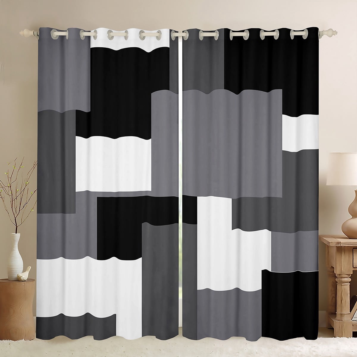 Erosebridal Abstract Plaid Curtains Pack of 2 (42Wx63L),Sqare Rectangle Black Out Curtains,Geometric Grid Curtains for Living Room,Geometry Room Decorative