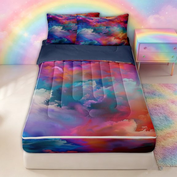 Erosebridal Abstract Rainbow Cloud Zipper Twin Comforter Sets with Fitted Sheet and 2 Pillowcases for Girls Boys, Multicolor Dreamy Sky Zipper Bedding Set, Navy Reversible, 4-Piece