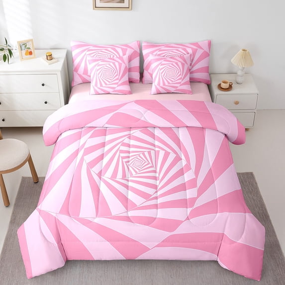 Erosebridal Abstract Spiral Bedding Twin Size,3D Geometric Swirls Comforter Sets with Sheets,Gradient Pink Stripes Bedding Sets Twin Size,Super Cozy Princess Room Decorative Reversible,7pcs