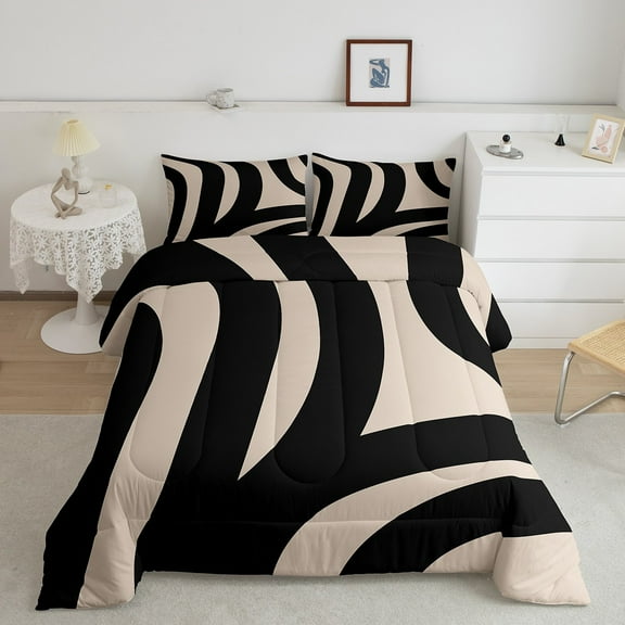 Erosebridal Abstract Striped Comforter Sets Twin Size, Black Brown Comforters & Duvets, Geometric Decor, Breathable 2 Pieces