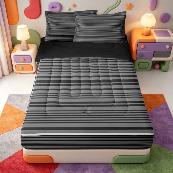 Erosebridal Abstract Striped Zipper Twin Comforter Sets with Fitted Sheet and 2 Pillowcases,Contemporary Geometric Stripes Zipper Bedding Set,Black Reversible,4 Pieces