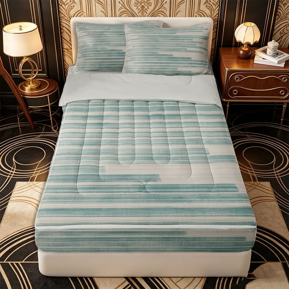 Erosebridal Abstract Stripes Zipper Twin Comforter Sets with Fitted Sheet and 2 Pillowcases,Vintage Graffiti Zipper Bedding Set,Teal Beige,Grey Reversible