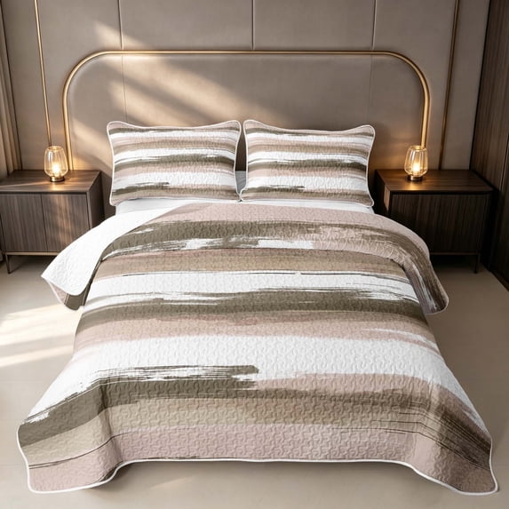 Erosebridal Abstract Watercolor Quilt King, White Brown Ombre King Coverlet Set, Reversible 3-Piece 1 Bedspread and 2 Pillowcases