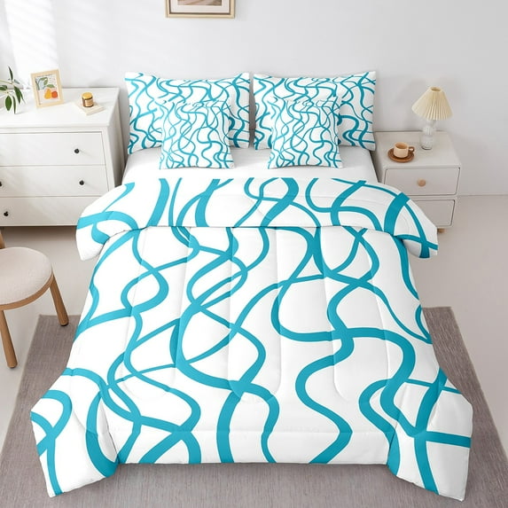 Erosebridal Abstract Wavy Stripes Bedding Sets Twin Size,Modern Geometric Comforter Sets With Sheets,White Blue Bed In A Bag Twin Size, Super Cozy Bedroom Decor,7-Piece