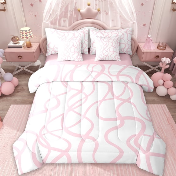 Erosebridal Abstract Wavy Stripes Bedding Sets Twin Size,Modern Geometric Comforter Sets With Sheets,White Pink Bed In A Bag Twin Size, Super Cozy Bedroom Decor,7-Piece Reversible