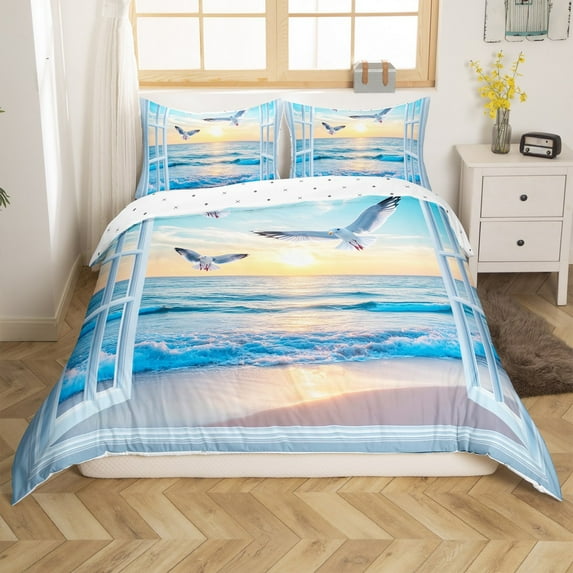 Erosebridal Adult Beach Duvet Cover King, Sea Bird Bedding Sets King Size, Ocean Print Decor, Reversible 3 Pieces(No Comforter)