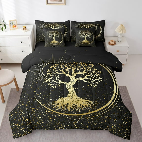 Erosebridal Adult Life Tree Bedding Twin Size, Sequin Print Bed in a Bag Twin size, Black Gold, Reversible 7 Pieces